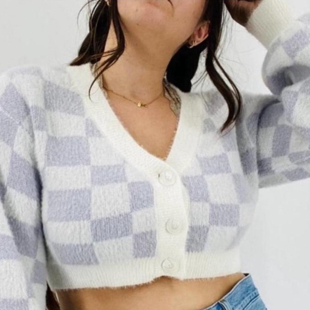 Altar'd State Cream and Purple Checkered Cropped Cardigan